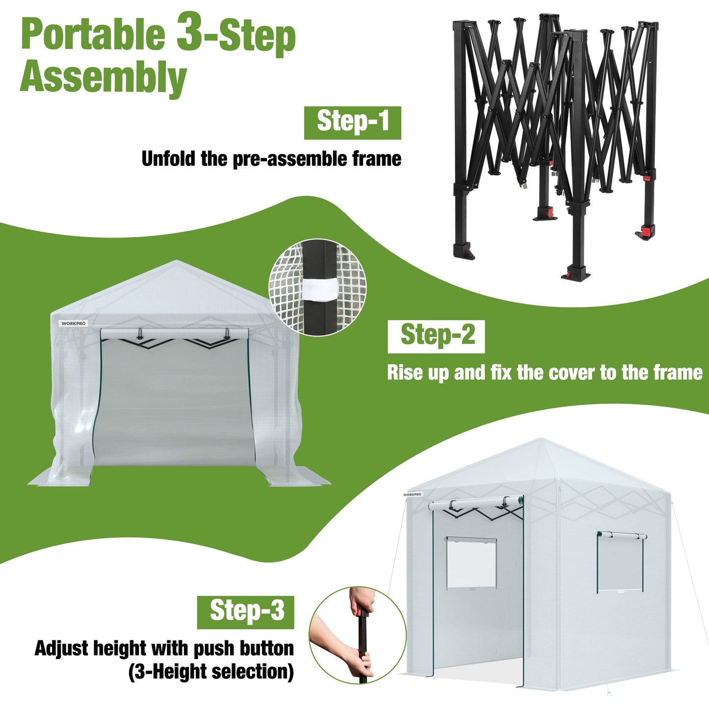 WORKPRO Greenhouse, 94" x70" x98" Pop-up Greenhouse for Outdoors , Heavy Duty Gardening House with Sturdy PE Cover, Roll-up Entry Doors and 2 Screen Windows, for Patio, Backyard, Balcony