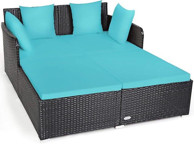 COSTWAY Outdoor Patio Rattan Daybed, Sponge Cushioned Loveseat Sofa