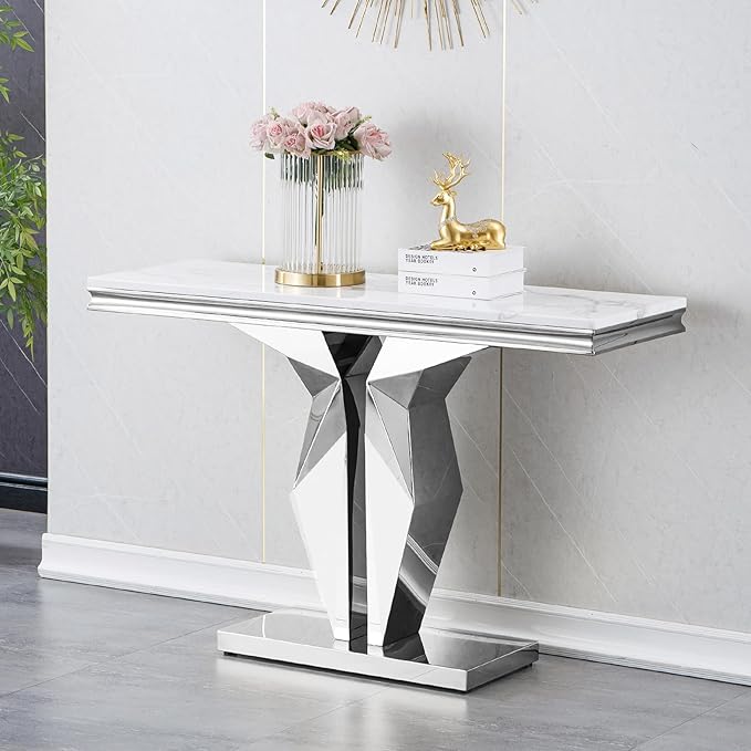 Henf 47" Marble Console Table Modern White Faux Marble Entryway Table