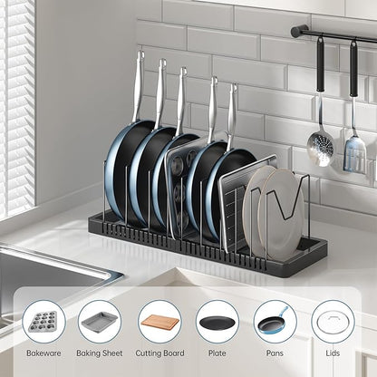 PanPanPal Pots and Pans Organizer under Cabinet, Expandable Pot Lid Organizer Holder with 10 Adjustable Compartment, Pan Organizers inside Cabinet for Lids, Bakeware, Kitchen Storage Pot Rack, Black