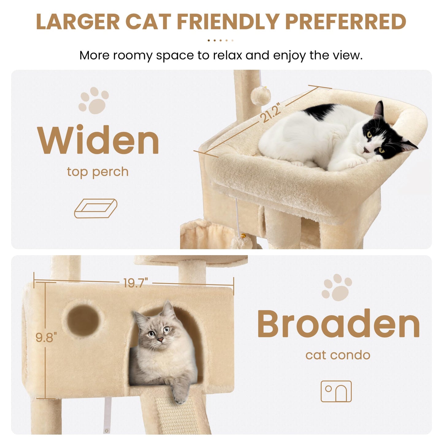 SHA CERLIN 65in Larger Cat Tree Tower Condo for Indoor Kitties/Multi-Level Furniture Activity Center with Wide Base/Cozy Plush Cat Perches/Baskets/Sisal Scratching Posts and Hammock/Beige