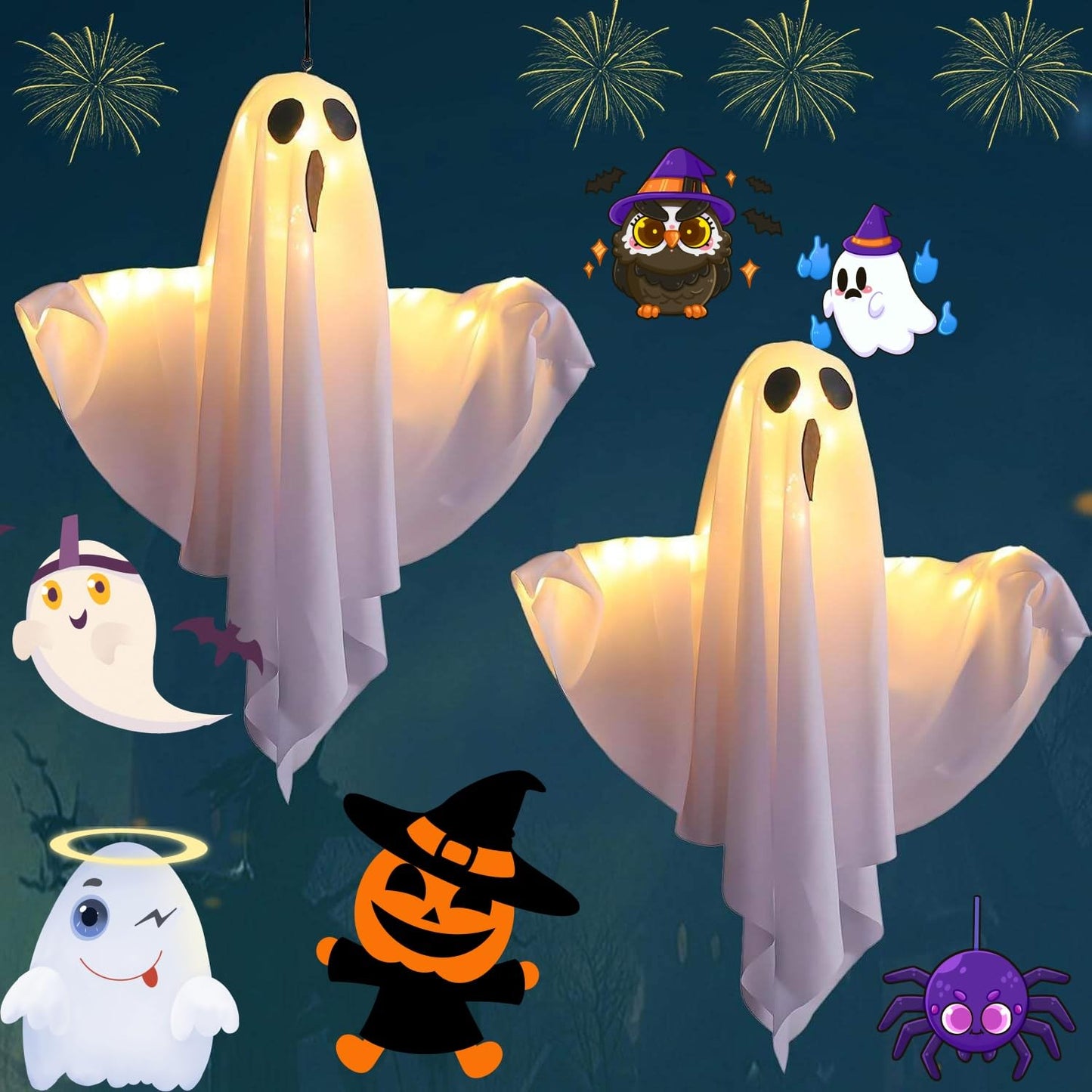 2Packs Ghost Lights - Halloween Decor, Yard Decorations for Parties & Gardens (White)