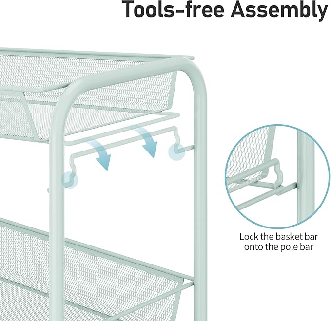 TOOLF 3-Tier Metal Rolling Cart, Mesh Wire Easy Assemble Utility Cart, Storage
