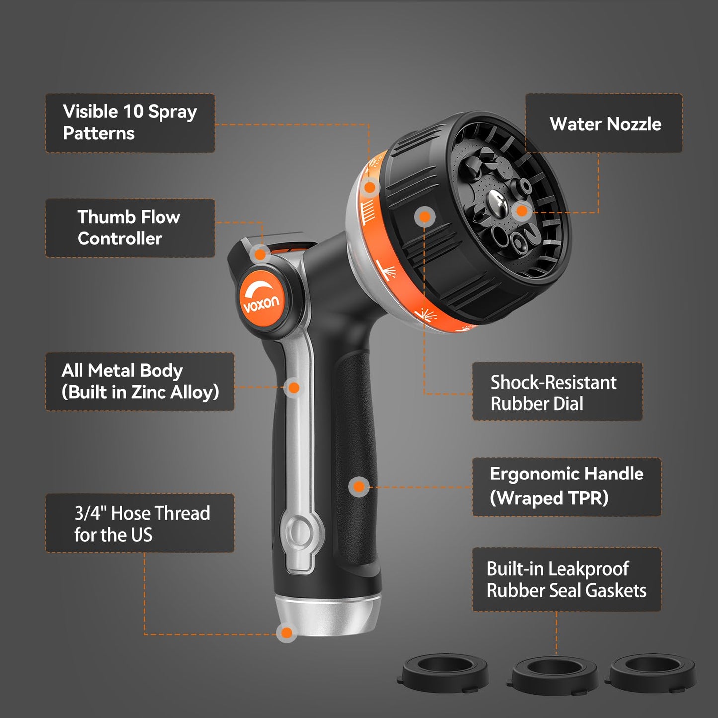 VOXON Hose Nozzle Heavy Duty 10 Spray Patterns - Metal Garden Water Hose Sprayer with Thumb Flow Control | On Off Valve, Nozzle Sprayer for Lawn & Plant Watering, Car & Pet Washing