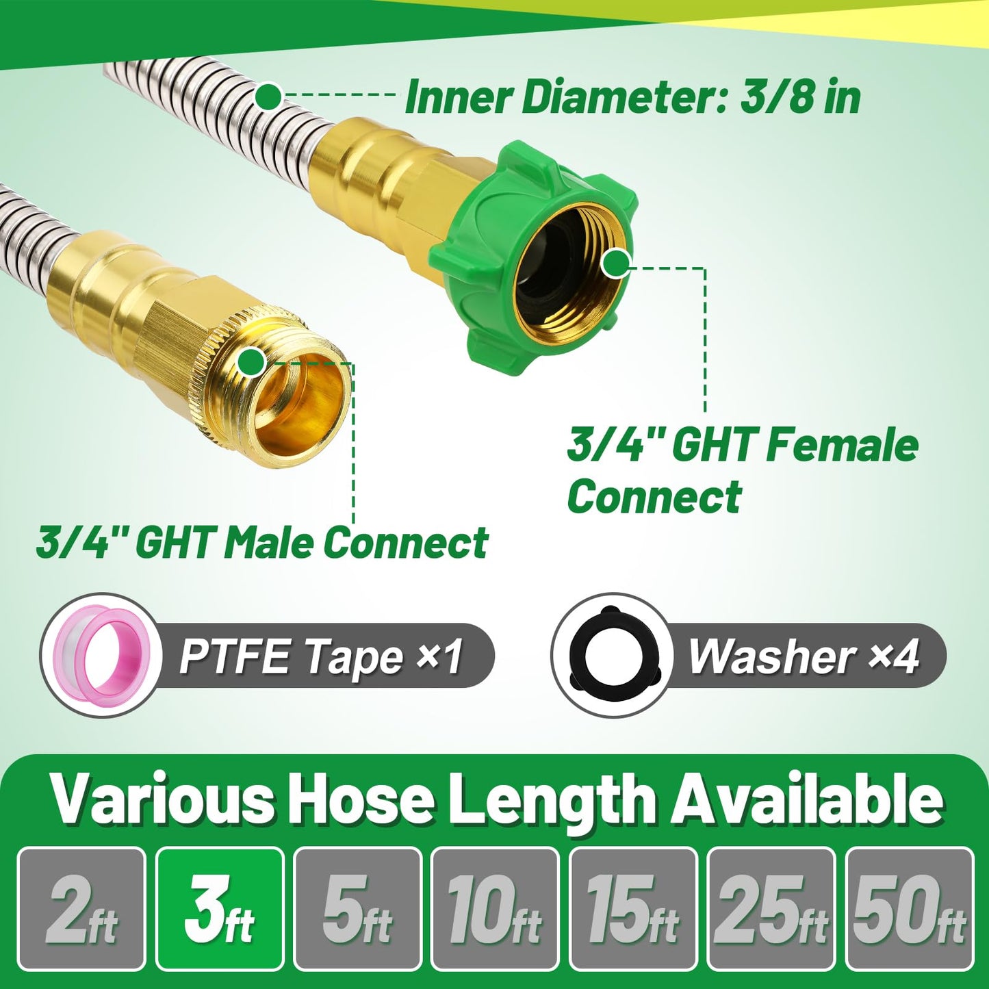 Short Garden Hose with Male to Female Connector - 3ft Metal Leakproof Leader Hose for Reel, Heavy Duty 304 Stainless Steel Flexible Water Pipe for Outdoor Garden Watering Car Pet Cleaning