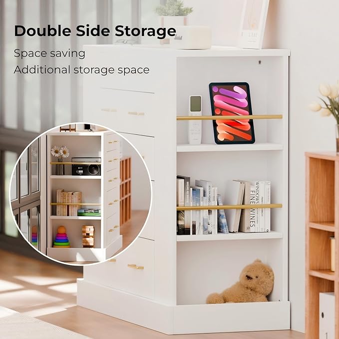 Drawer Dresser with LED Lights and Open Shelves, Modern Tempered Glass Top