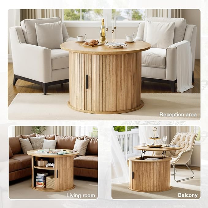 FABATO Round Lift Top Coffee Table, Fluted Wood Accent Coffee Table