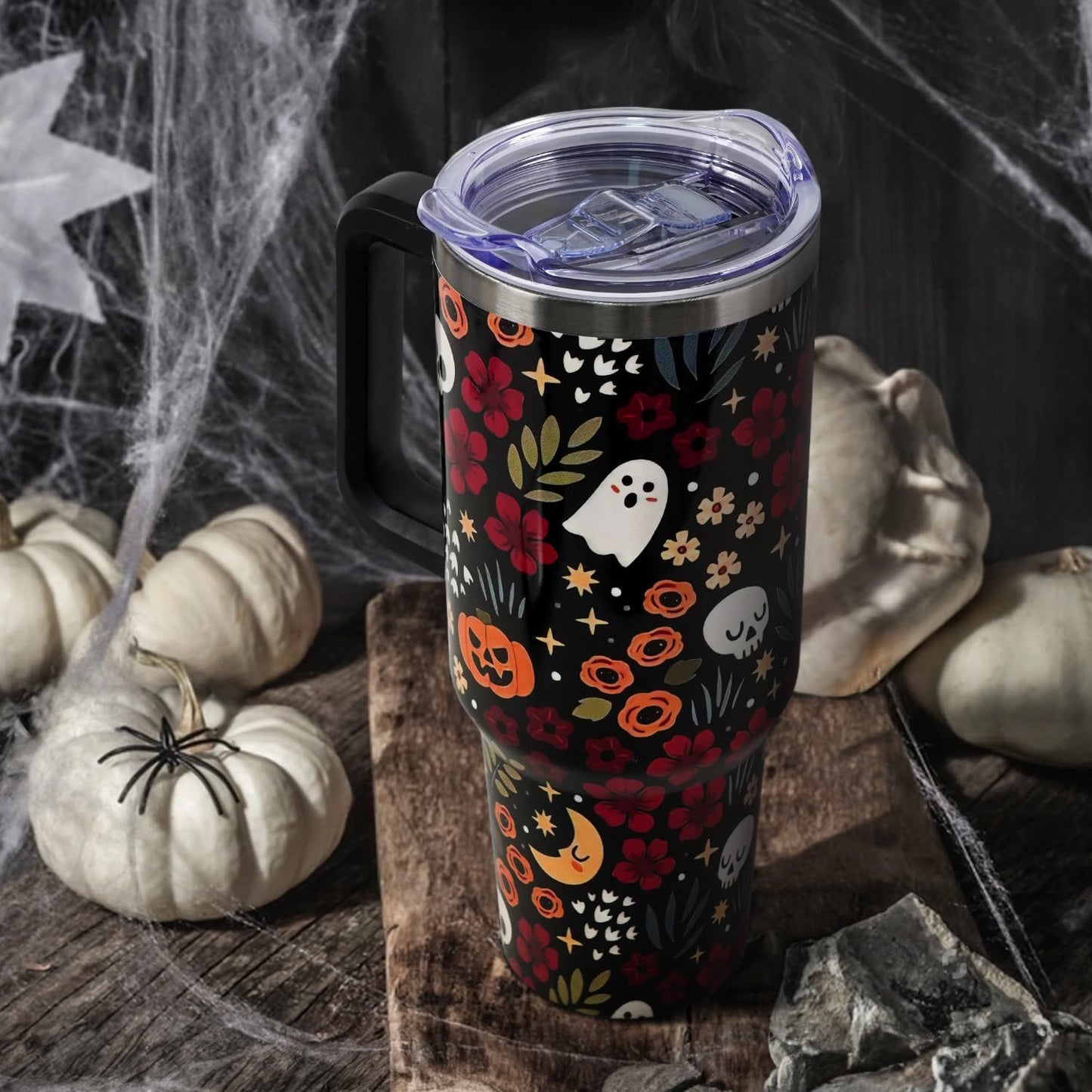 Halloween Tumbler with Lid and Straw 40oz,Fall Skulls Ghost Pumpkins Flower Vacuum Insulated Leak Proof Tumbler,Goth Cute Spooky Gift Women Girls,Thanksgiving Accessories Stainless Steel Coffee Cup