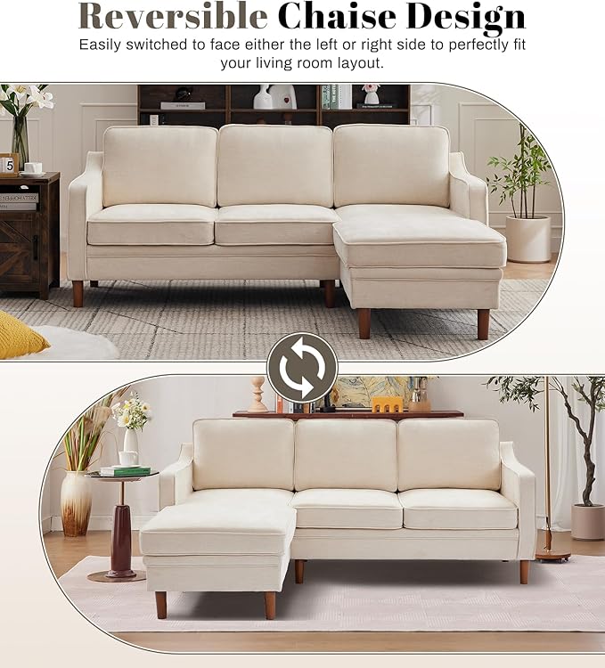 Kingfun 88" L-Shape Sofa, Chenille Sectional Couch, Mid Century Modern Couches