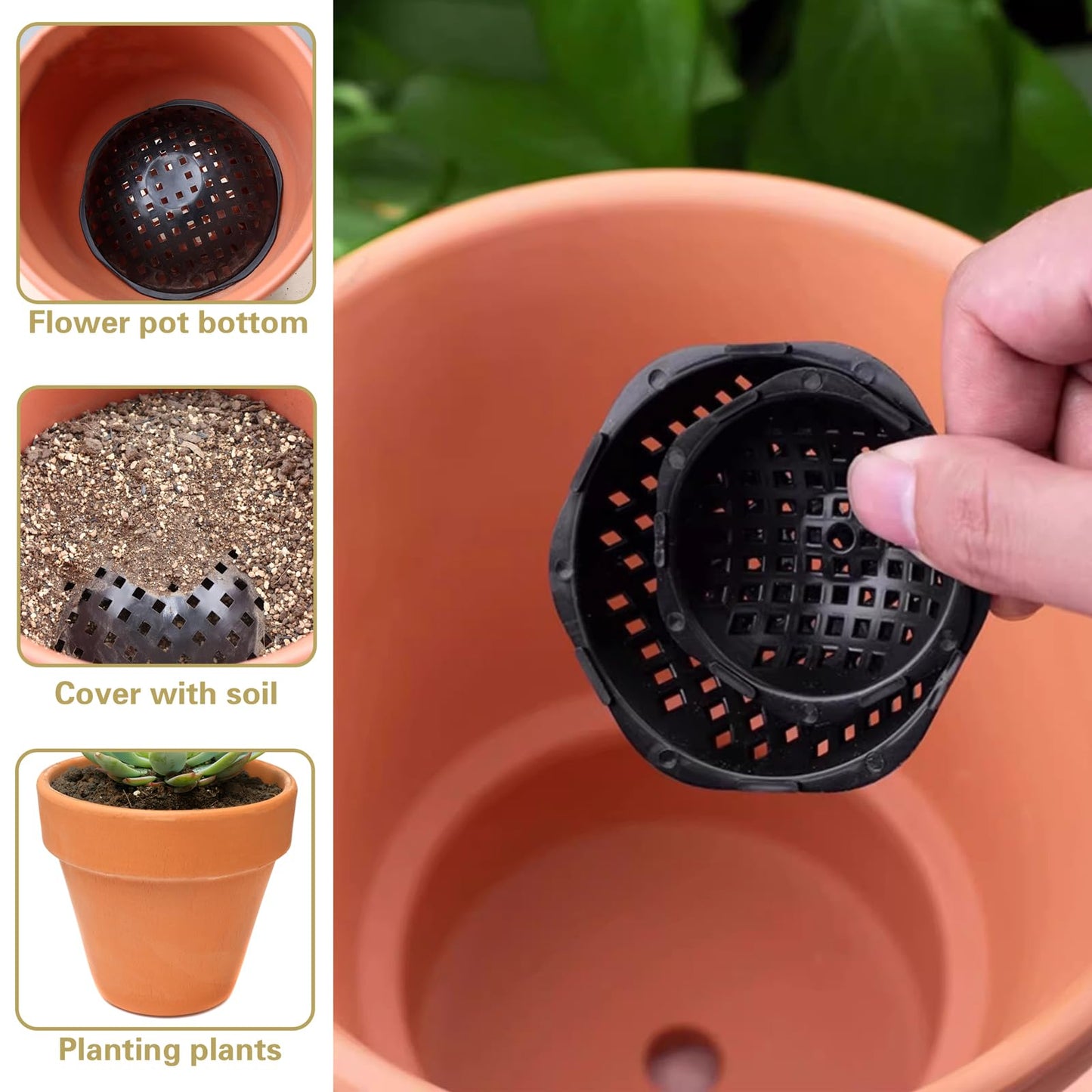 30 PCS Flower Pot Hole Mesh Pad, 3 Assorted Sizes Semi-Arc Plastic Planter Bottom Drainage Mats for Bonsai Plant, Succulents, Potting, Breathable Gasket Prevent Clogging and Soil Loss, Black