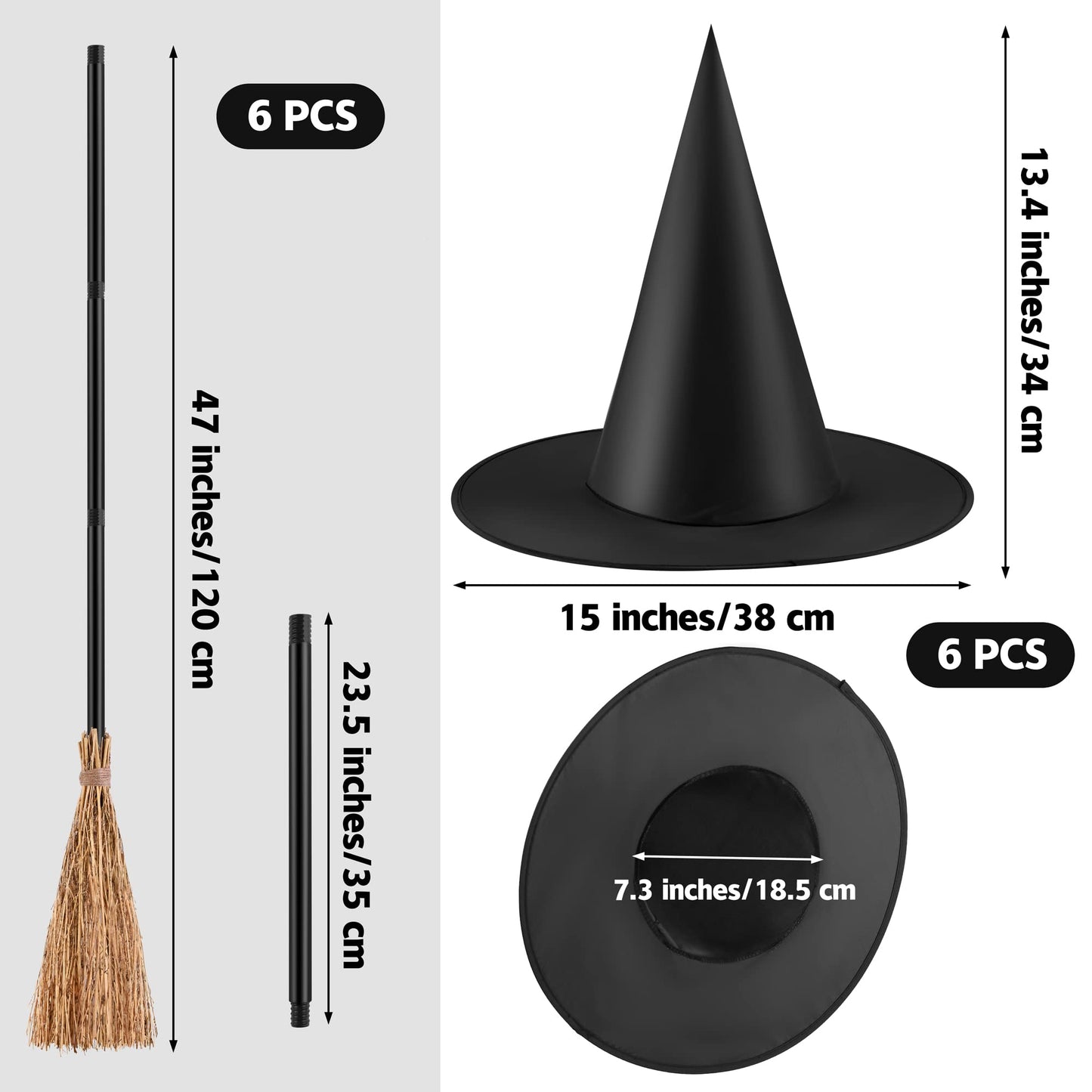 ADXCO 12 Pieces Halloween Costume Accessories Set with 6 Halloween Retractable Witch Broom and 6 Cosplay Witch Hats Decorations Straw Bamboo Witch Broomstick Plastic Broom Props for Party Decoration