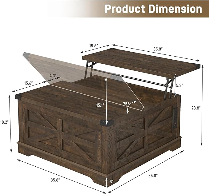 Hlivelood 36" Farmhouse Movable Lift Top Coffee Table