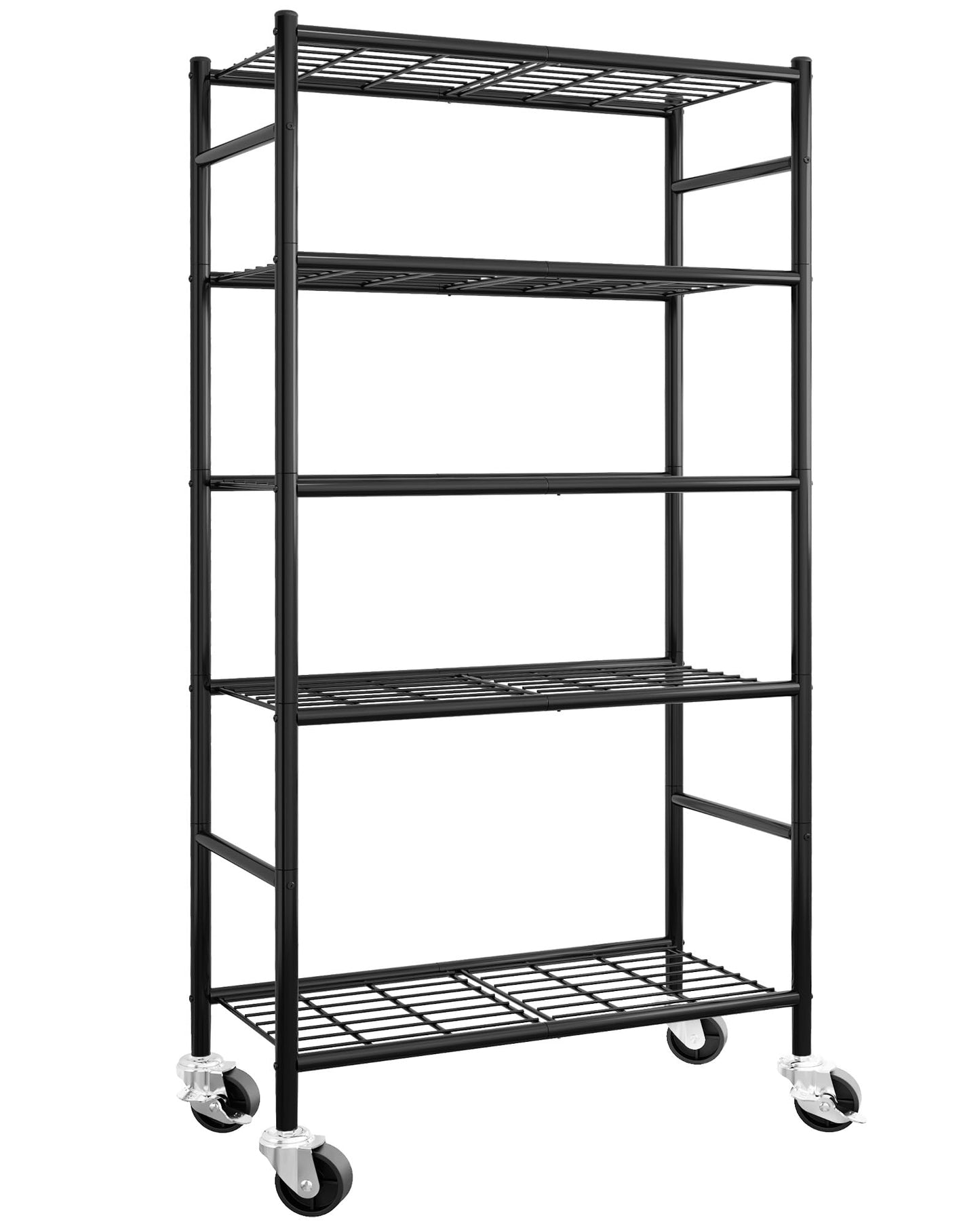 Sakugi Storage Shelves Organizer - 5 Tier Metal Shelf Organizer with Metal Wheels and Adjustable Leveling Feet, Heavy Duty Garage Shelving for Kitchen, Pantry and Closet, 33.1"x12.6"x73.5", Black