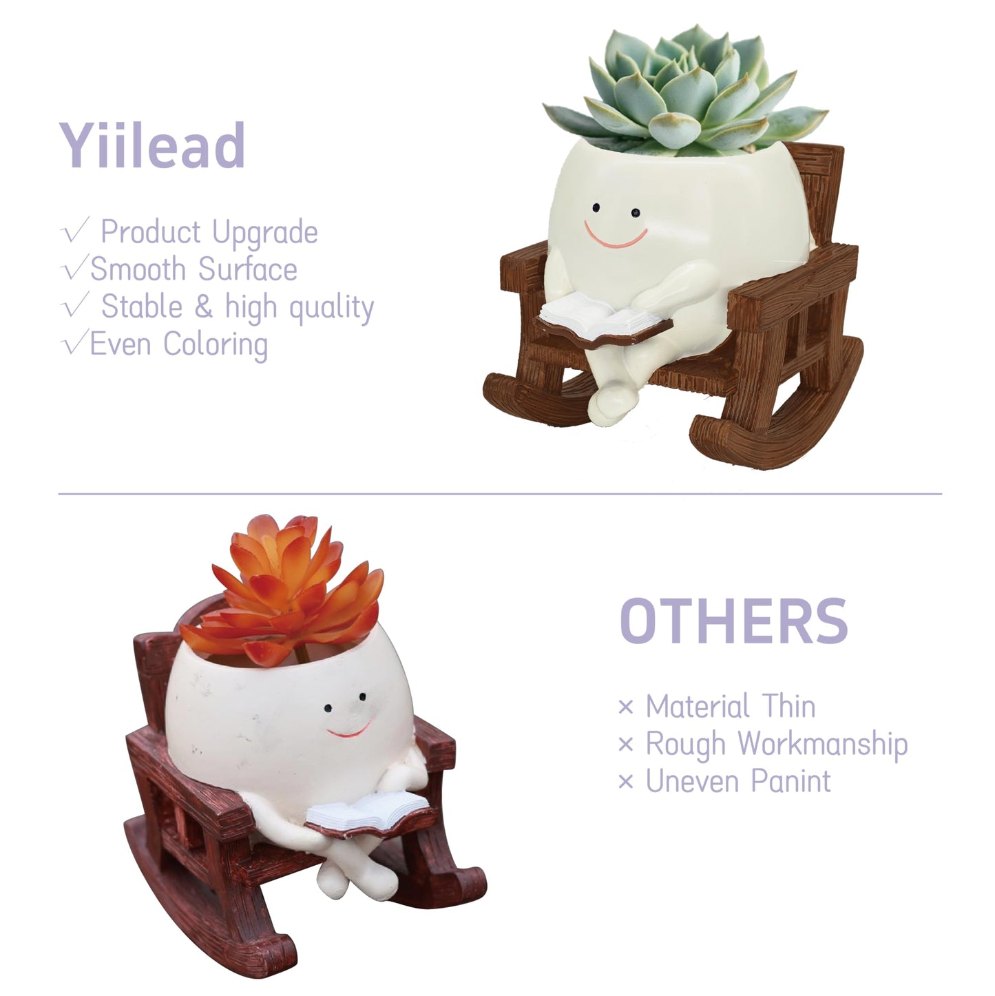 yiilead Smiley Face Planter Pot, Cute Plant Pots for Indoor Outdoor, Unique Reading Rocking Chair Plant Pot for Succulents Plants Live with Drainage Hole, Gift Idea for Mother Day and Christmas