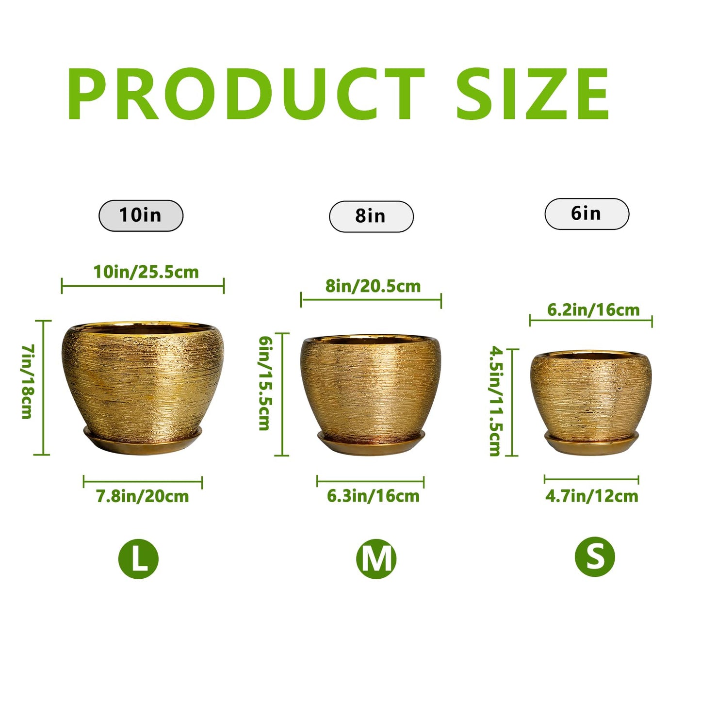EPFamily Flower Pots for Indoor & Outdoor Plants - Ceramic Pots 10 Inch, 8 Inch, 6 Inch with Drainage Holes, Saucers - Decorative Large Planters Set of 3 Gold