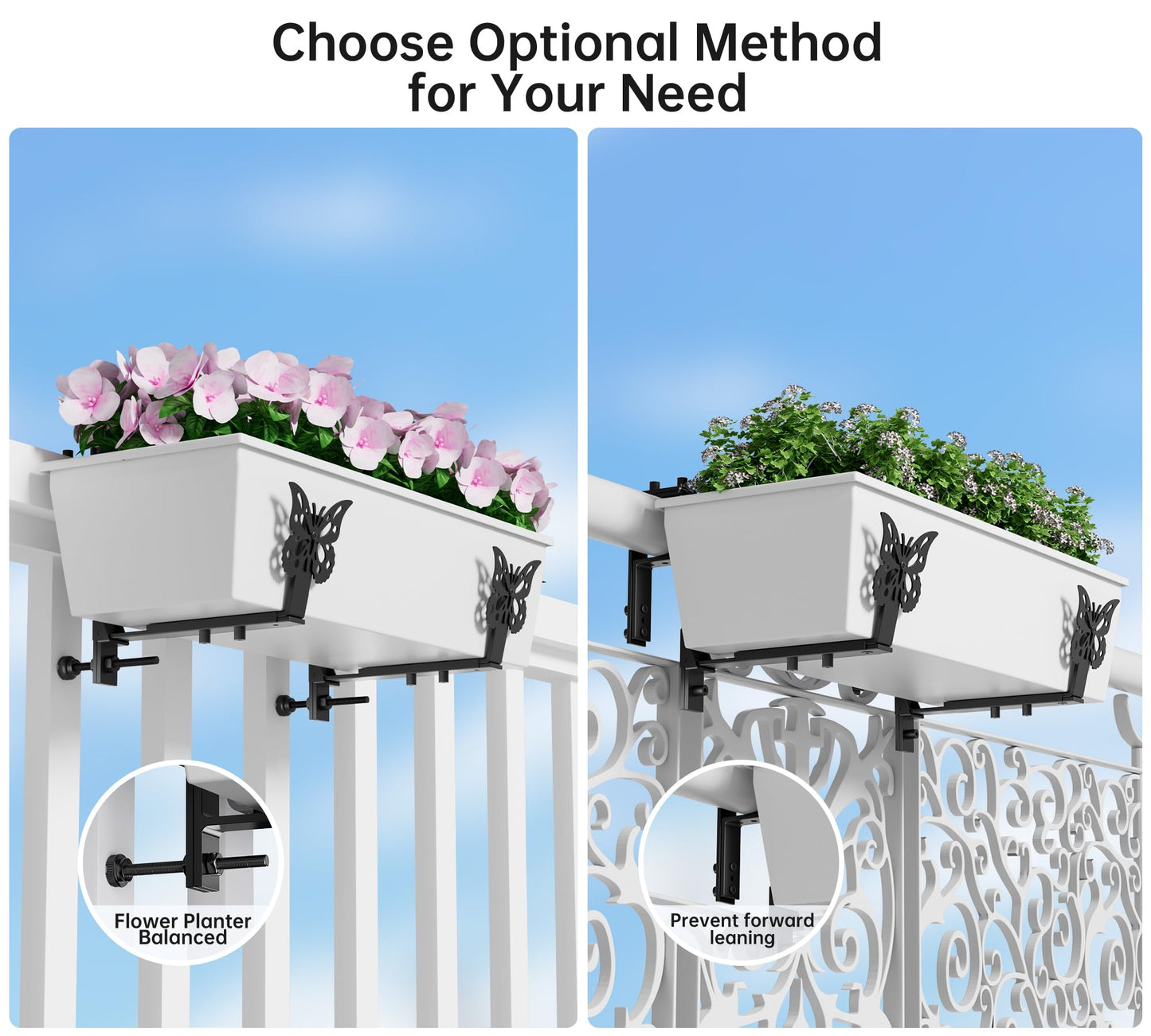 HFHOME Window Box Brackets, Adjustable Planter Box Brackets, Heavy Duty Flower Railing Planter Bracket for Balcony, with Enhanced Bottom Support, Perfect for Deck, Fence and Garden - Black (6 Pack)