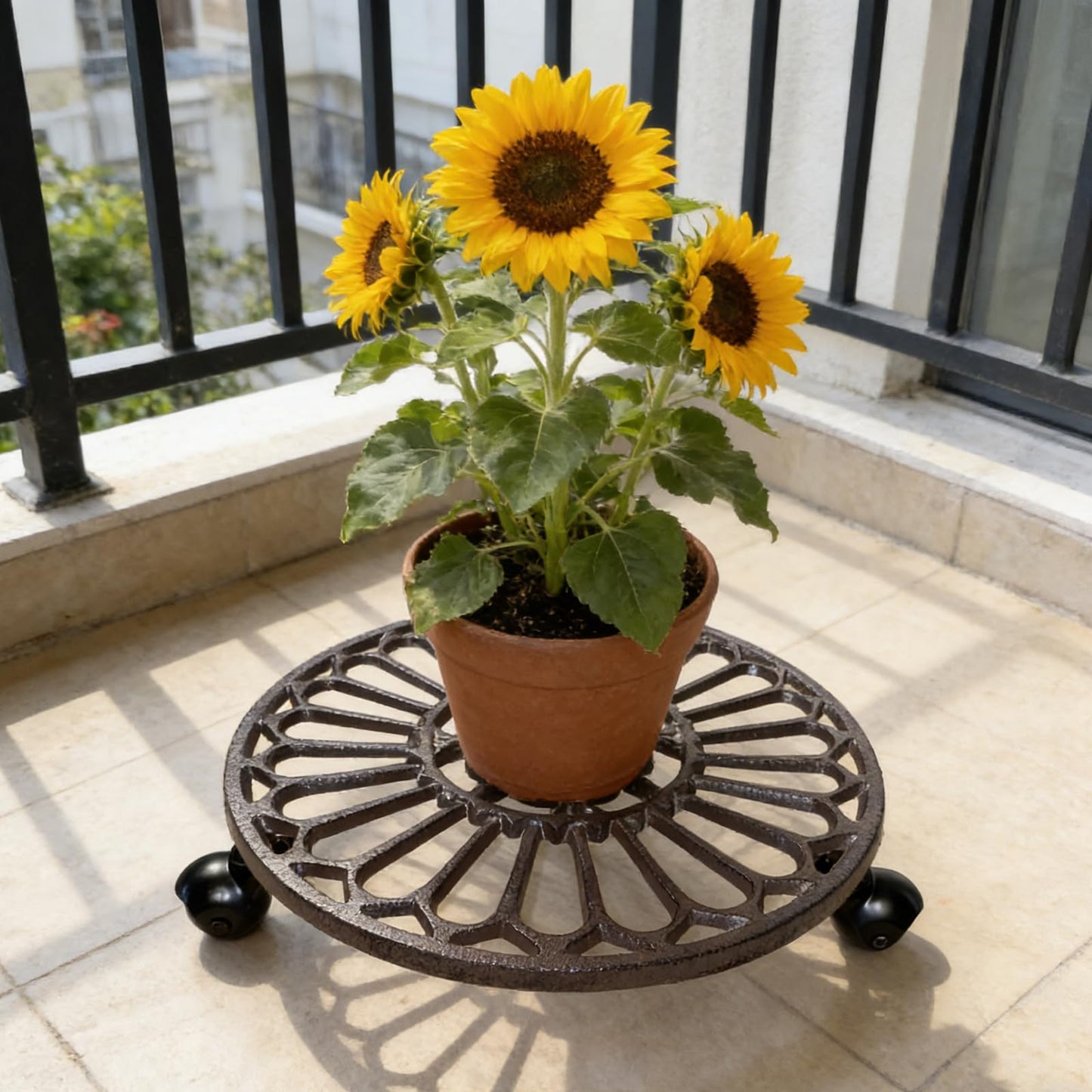 2 Pack Heavy-Duty Cast Iron Plant Caddy - 12" Rust Brown Ornamental Cast Iron Plant Stand with Wheels, Petal-Design Moveable Planter Holder for Indoor Outdoor Garden Patio Decor HC1511