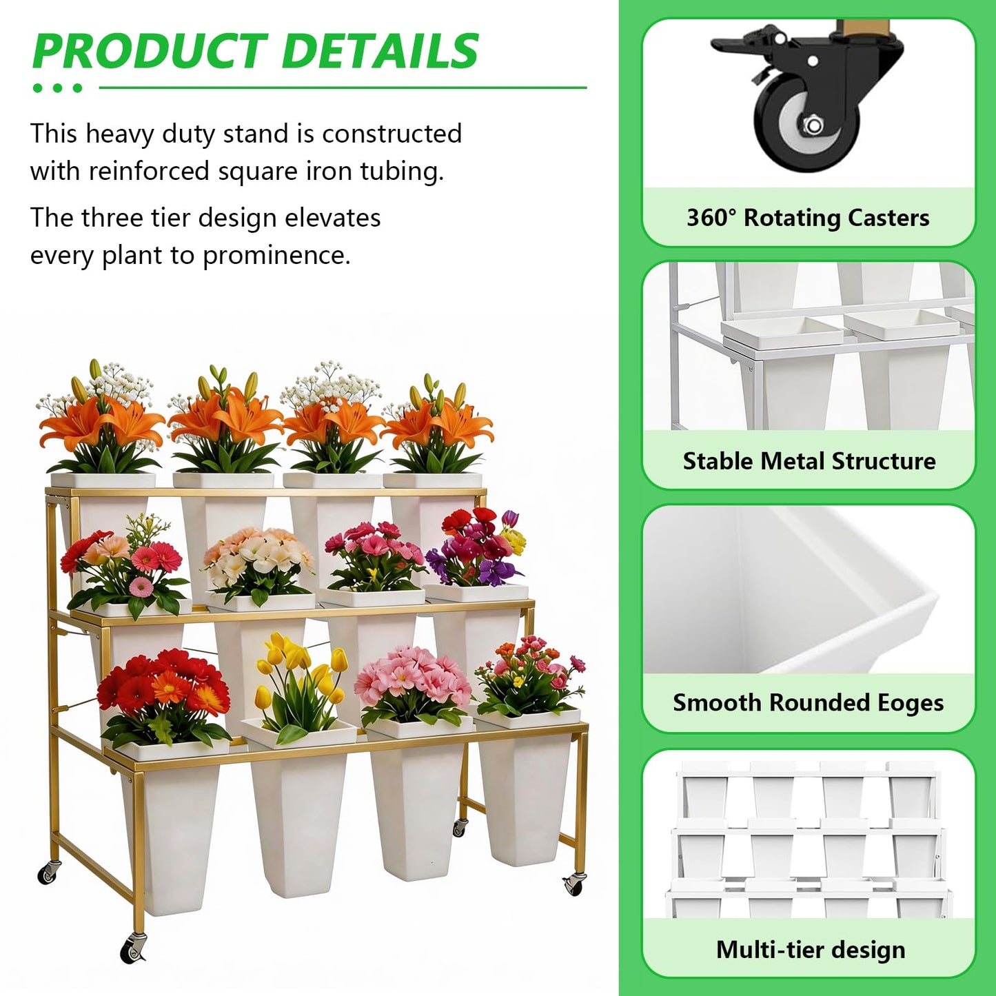 SXJHOPK Flower Display Stand with 12 Buckets, 3-Tier Rolling Plant Stand with Locking Wheels - Heavy Duty Metal Flower Cart for Indoor/Outdoor Use, Wedding Decor & Florist Displays