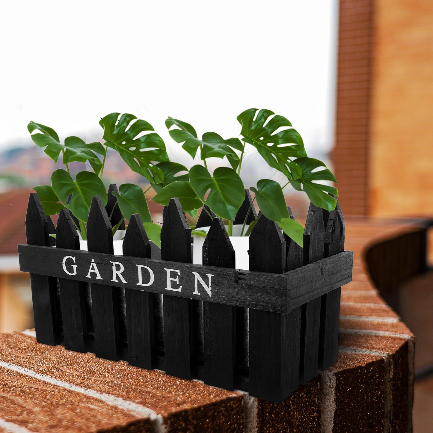 MAGICLULU Rectangular Wooden Fence Flowerpot Planter Box for Indoor Outdoor Decorative Planting, Black Wood Material, Creative Rustic Garden Pot Suitable for Office and Home Decor