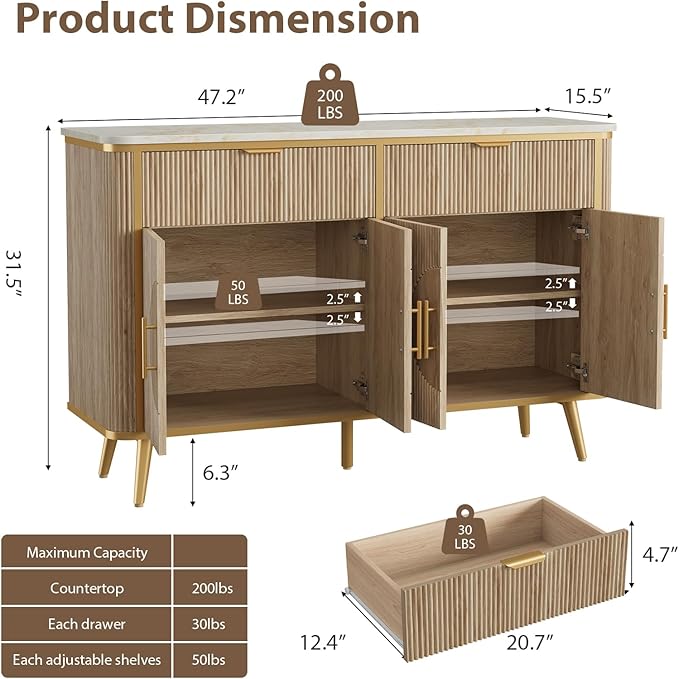 47.2" Buffet Storage Cabinet, Modern Fluted Coffee Bar Station