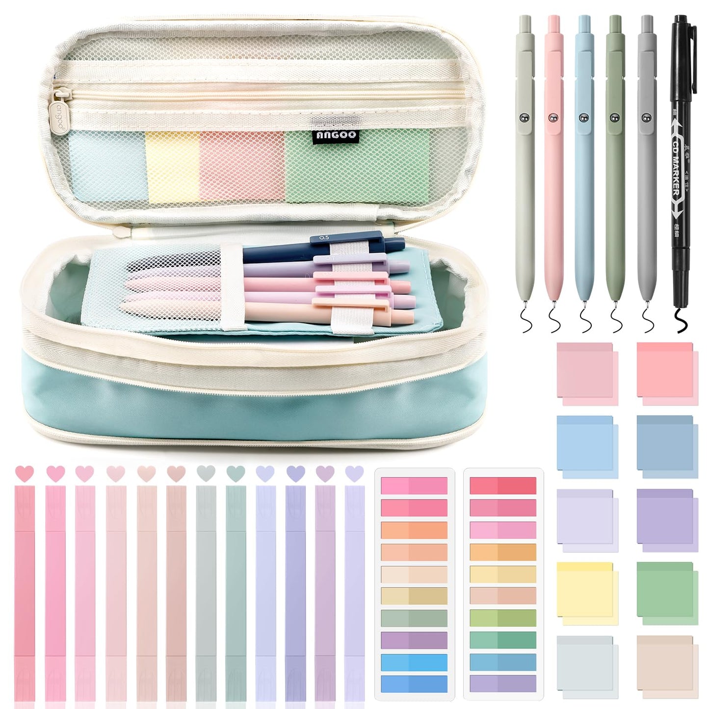 KOUDGY 49Pcs Book Annotation Kit - Aesthetic School Supplies with Cute Pen Case Highlighters Gel Pens and Marker, Sheets Transparent Index Tabs Sticky Notes Bible Study Supplies(Light Blue)