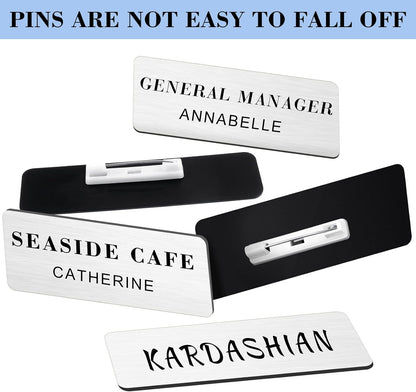 Breling 100 Pieces Name Tags with Pins 1 x 3 Inches Blank Name Tags Reusable ID Badge Holders with Clip for Office Workers Students Employee Custom(Silver and Black)