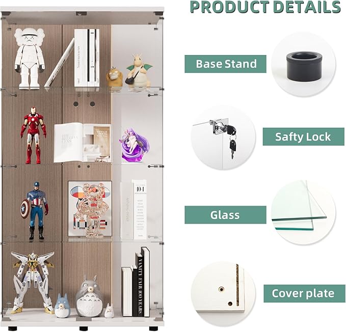 Display Cabinet with Glass Door and Lock, 4-Shelf Curio Cabinets with 5mm