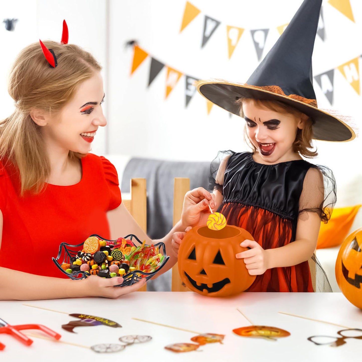 6 Pcs 11Inch Halloween Candy Bowl Set, Spider Web Design, 3 with legs & 3 without, Black/Orange/Purple—Haunted House Table Decor, Trick-or-Treat, Party Supplies, Eye-catching even without candies