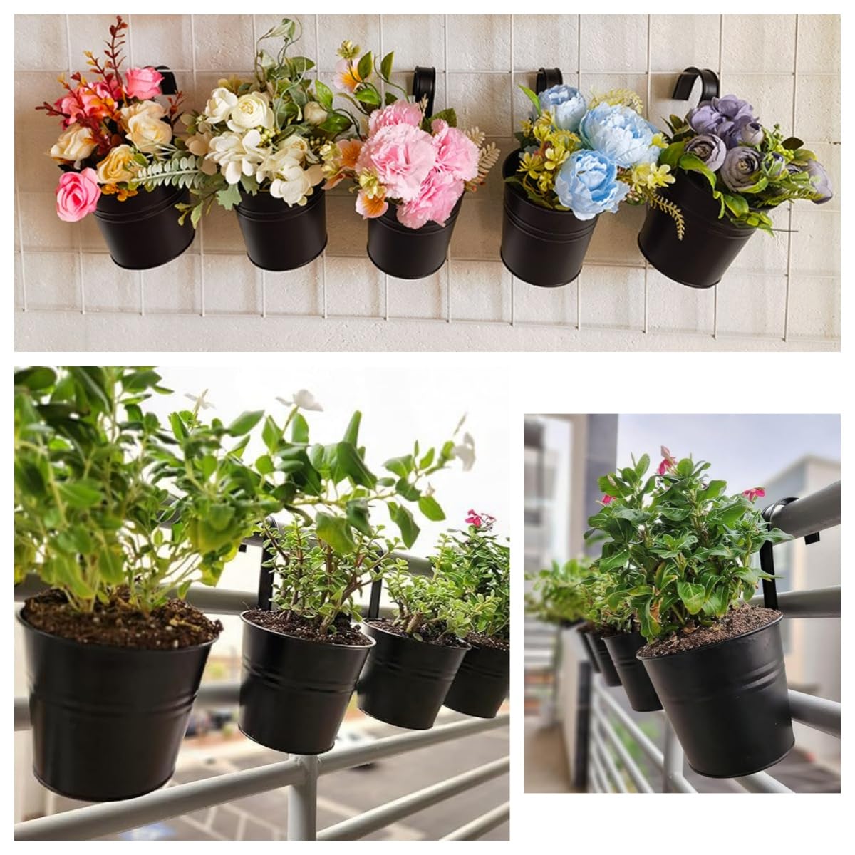 XZJMY 5 Pcs Hanging Flower Pots Metal Iron Bucket Planter Pot Metal Bucket Flower Holder with Hook Indoor Outdoor Decor for Railing Fence Balcony Garden (Black)
