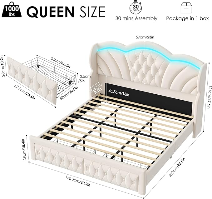 Keyluv Queen Bed Frame with LED Lights and 2 Storage Drawers, Velvet