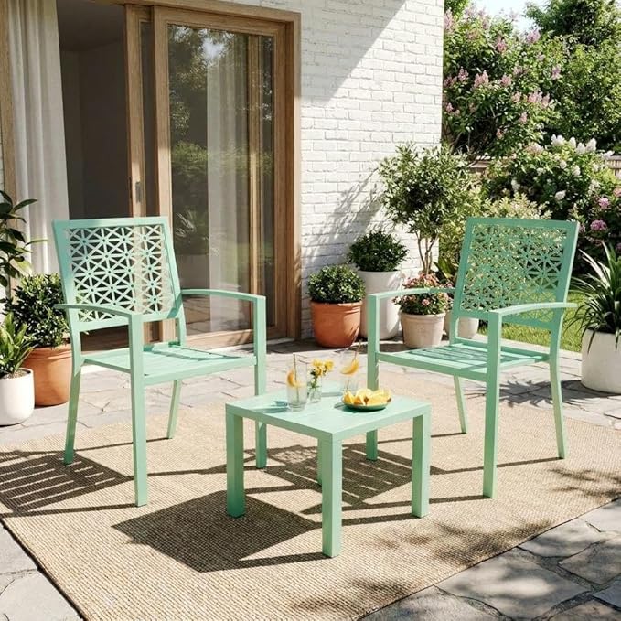 GarveeTech 3 PCS Outdoor Bistro Set, Stackable Modern Metal Steel Table and
