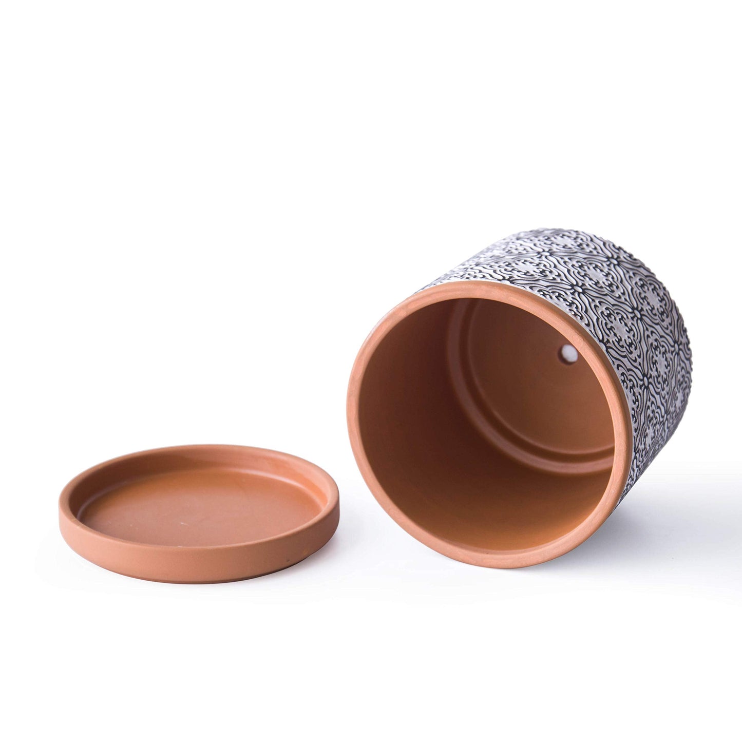 D'vine Dev Set of 2 Terracotta Pots, Vintage Design Planter Pot, 4 Inch and 6 Inch, Pot with Drainage Hole and Saucer, Terracotta/Black, 31-958-E-2