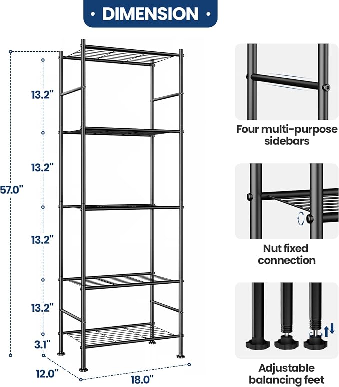 Abiglifty Storage Shelves, 5 Tier Metal Shelf Organizer, Garage Shelving with Adjustable Leveling Feet, Shelves Organizer for Bathroom, Closet, Garage, 18" x 12" x 57", Black