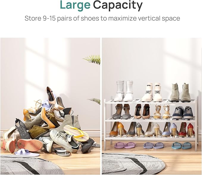 viewcare 3-Tier Long Shoe Rack, Bamboo Wood Shoe Rack