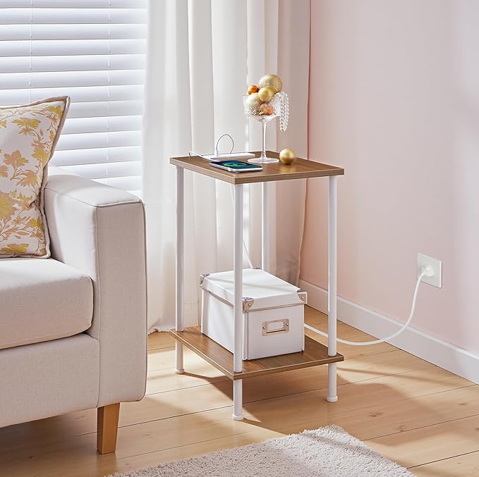 HOOBRO Side Table with Charging Station, Nightstand with 2-Layer Storage Shelves