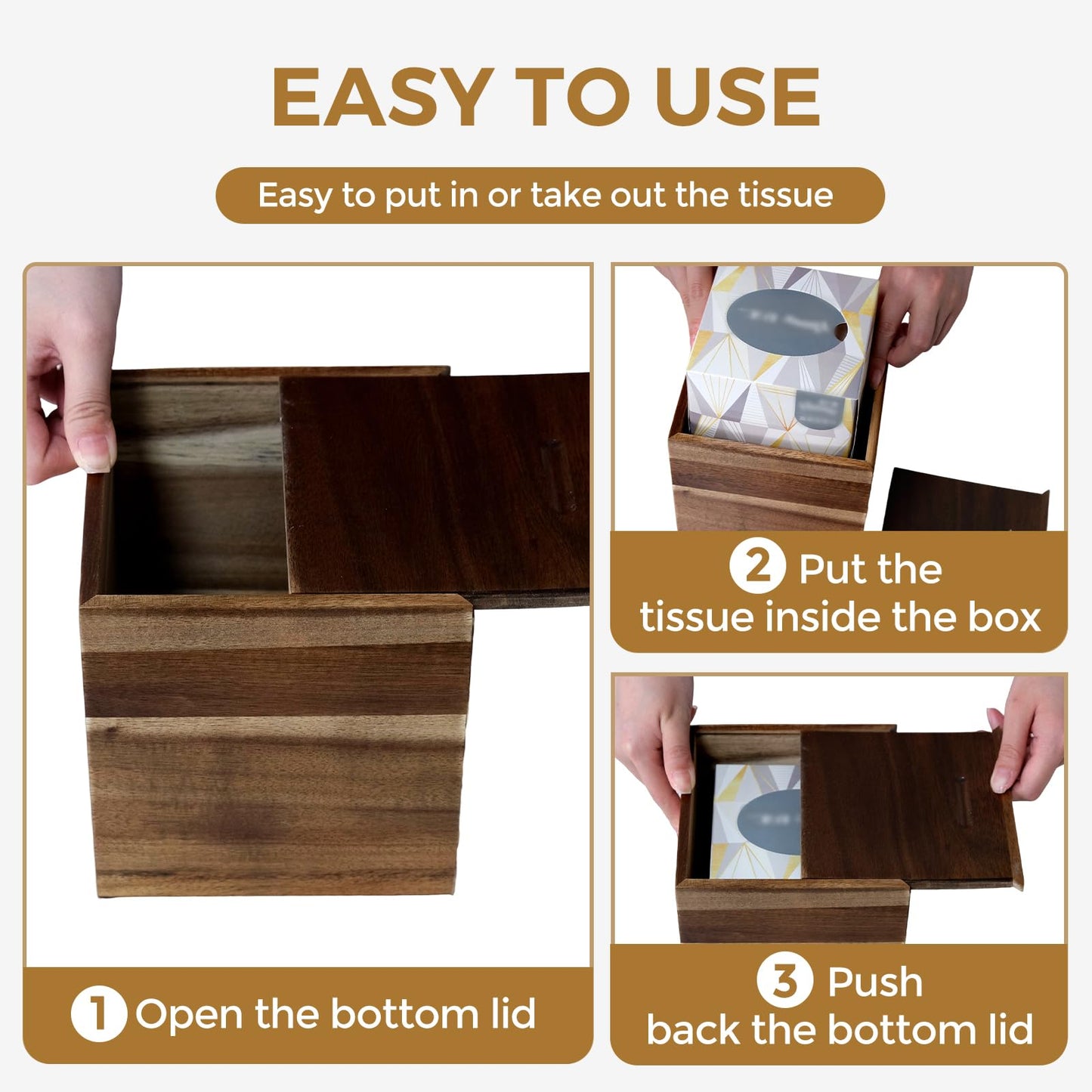 KALEKAIL Wood Tissue Box Cover， Acacia Wood Tissue Box Cover Square, Decorative Cube Facial Wooden Tissue Box Holder with Slide-Out Bottom for Bathroom, Bedroom, Dinner Table, Office, Kitchen