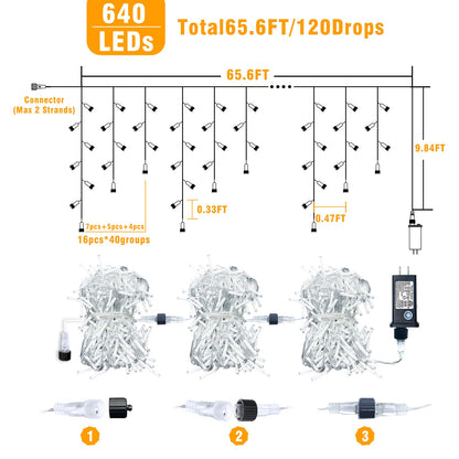 66ft Icicle Lights for Outside, Red White and Green Christmas Lights Outdoor Indoor, 640 LED Twinkle String Light with 120 Drops, Clear Wire Connectable Timer for Thanksgiving Room Home Wall Bedroom
