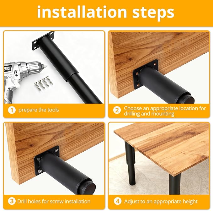 4-piece Adjustable Furniture Legs Set, Adjustable in Height from 4.72 inches to