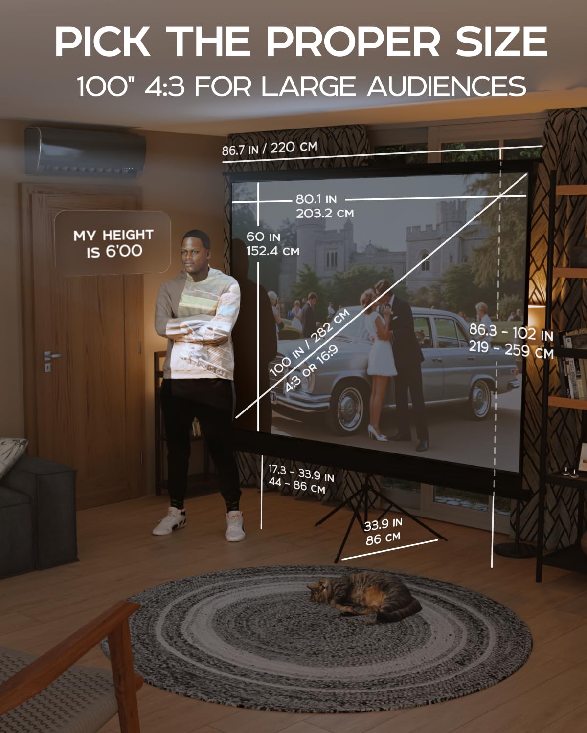 PropVue Projector Screen with Stand 100 inch - Indoor and Outdoor Projection Screen for Movie or Office Presentation - Adjustable from 16:9 to 4:3 HD Premium Wrinkle-Free Tripod Screen