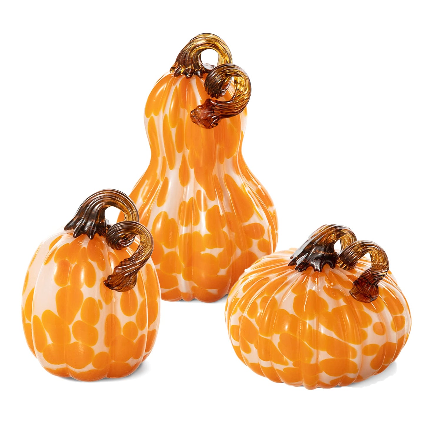 Glitzhome Set of 3 Hand Blown Glitter Glass Pumpkin Table Accent Home Decor for Fall & Harvest Thanksgiving Decorating, Orange Dots