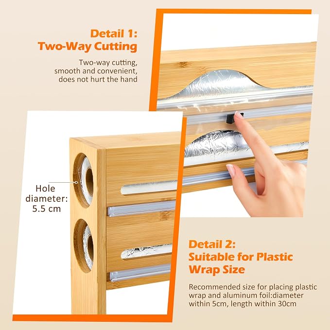 Plastic Wrap Dispenser with Cutter, 3 in 1 Tin Foil Wrap Dispenser Wall-Mounted Organizer for Baking Paper, Wax Paper Holder Kitchen Storage Box (Wood)