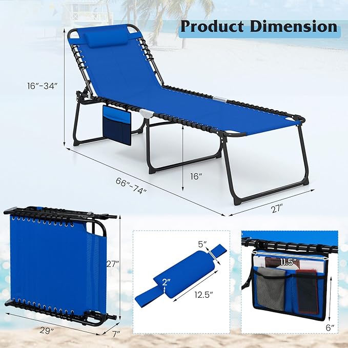 GYMAX Lounge Chair for Outside, 440lbs 27” Oversize Folding Beach Tanning