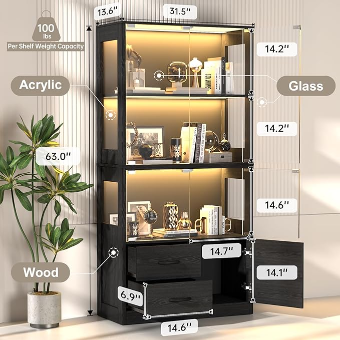 Display Cabinet with Glass Doors, 4-Tier Display Case with 3-Color Lights &