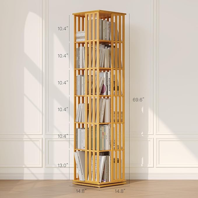 YOWOS Rotating Bookshelf Tower, 360° Display Spinning Bookcase, Bamboo