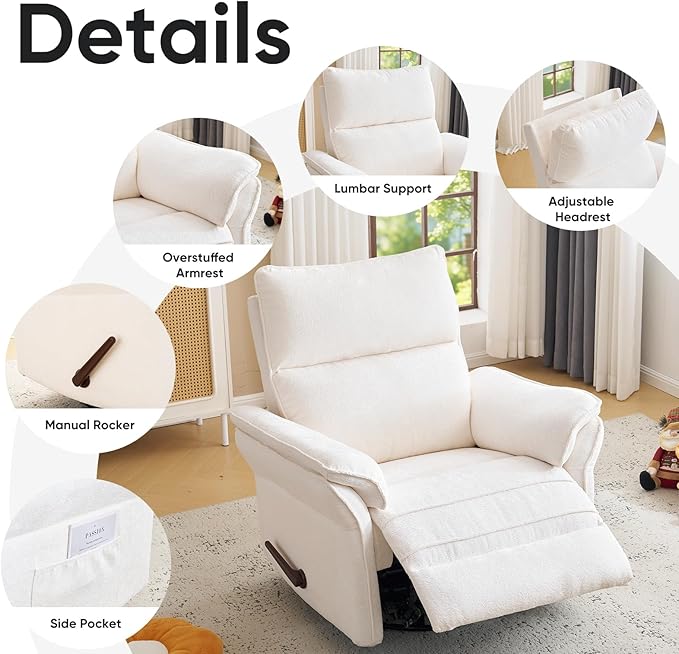 Rocking Chair Nursery with Adjustable Headrest, Manual Swivel Rocker Recliner