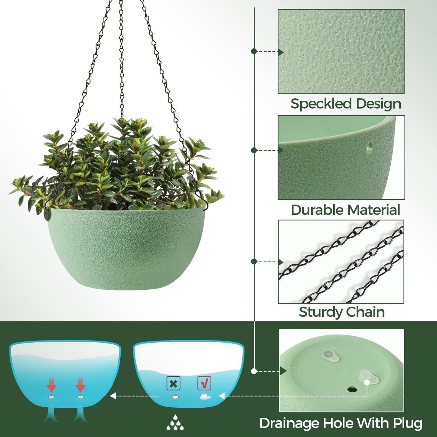 T4U 8 Inch Hanging Planter for Indoor Plants, 2 Pack Small Pots with Drainage Holes, Flower Basket Plant Holder for Home, Green