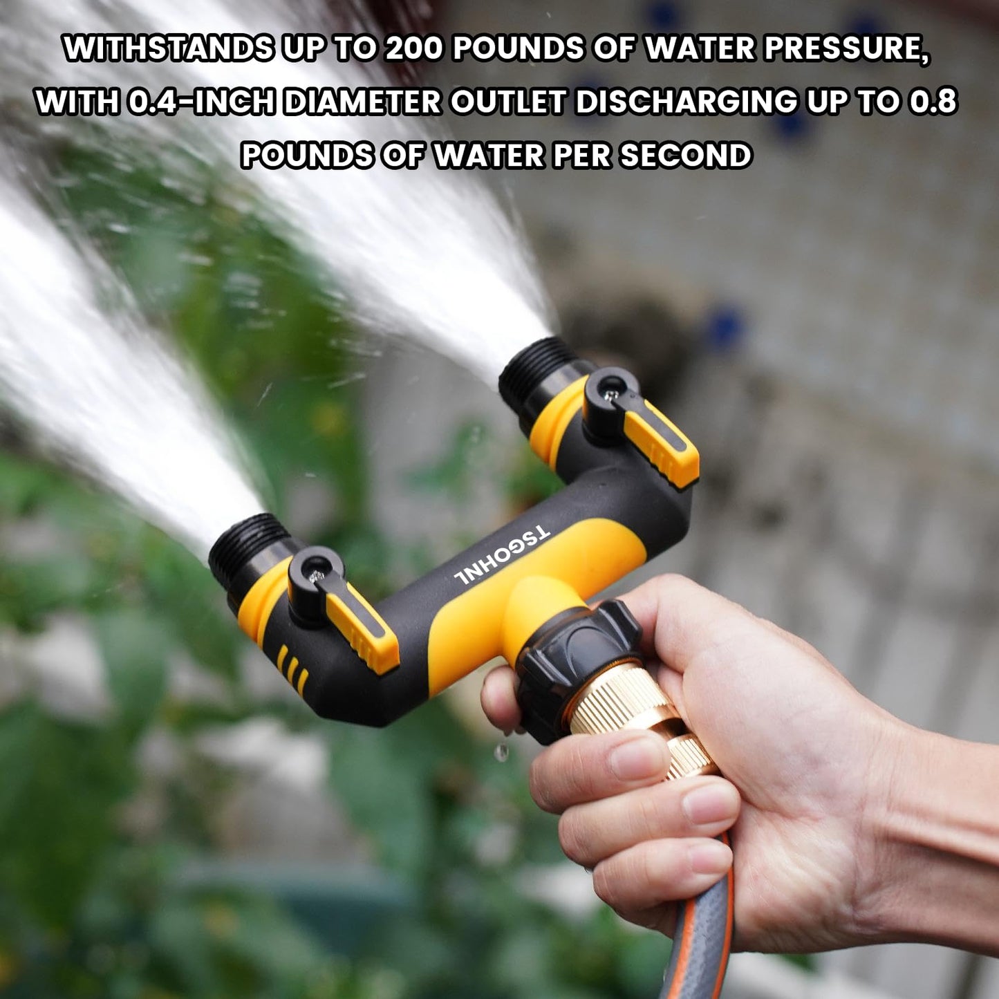 2 Way Garden Hose Splitter, 3/4 Inch Outdoor Faucet Splitter, Hose Manifold with Independent Shut Off Valves, Wide Spacing for Hose Timers, Sprinklers, Lawn, Yard and Garden Watering - yellow