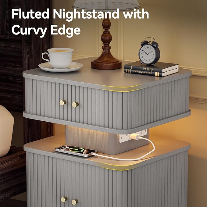 Nightstands Set of 2 with Charging Station, Modern Night Stands Set 2 with