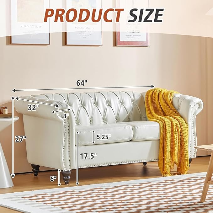 Mid-Century 2 Seater Sofa, Faux Leather Loveseat