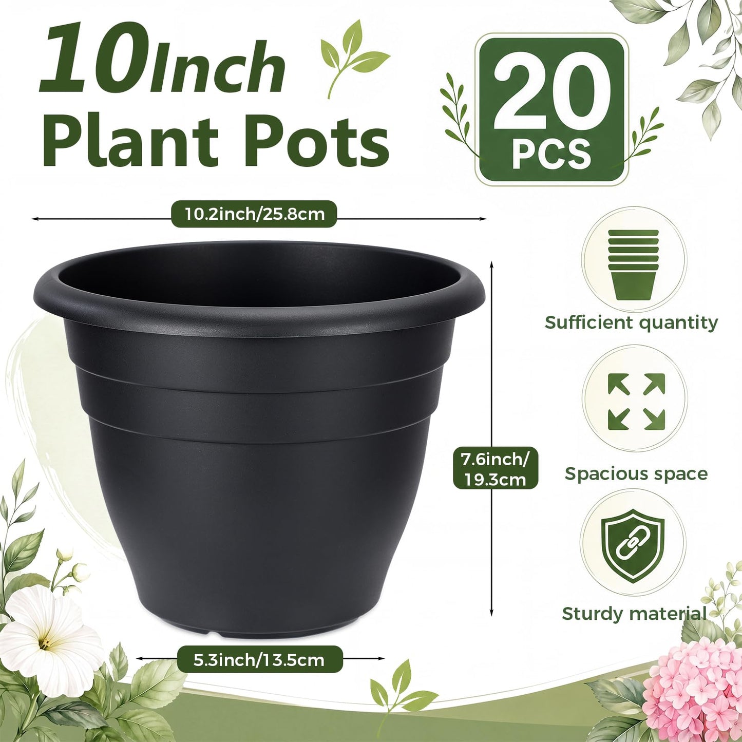 Romooa 20 Pack 10 Inch Plant Pots Bulk with Drainage Holes Heavy Duty Black Plastic Garden Planters Mordern Flower Pots for Indoor Outdoor Garden Patio Balcony